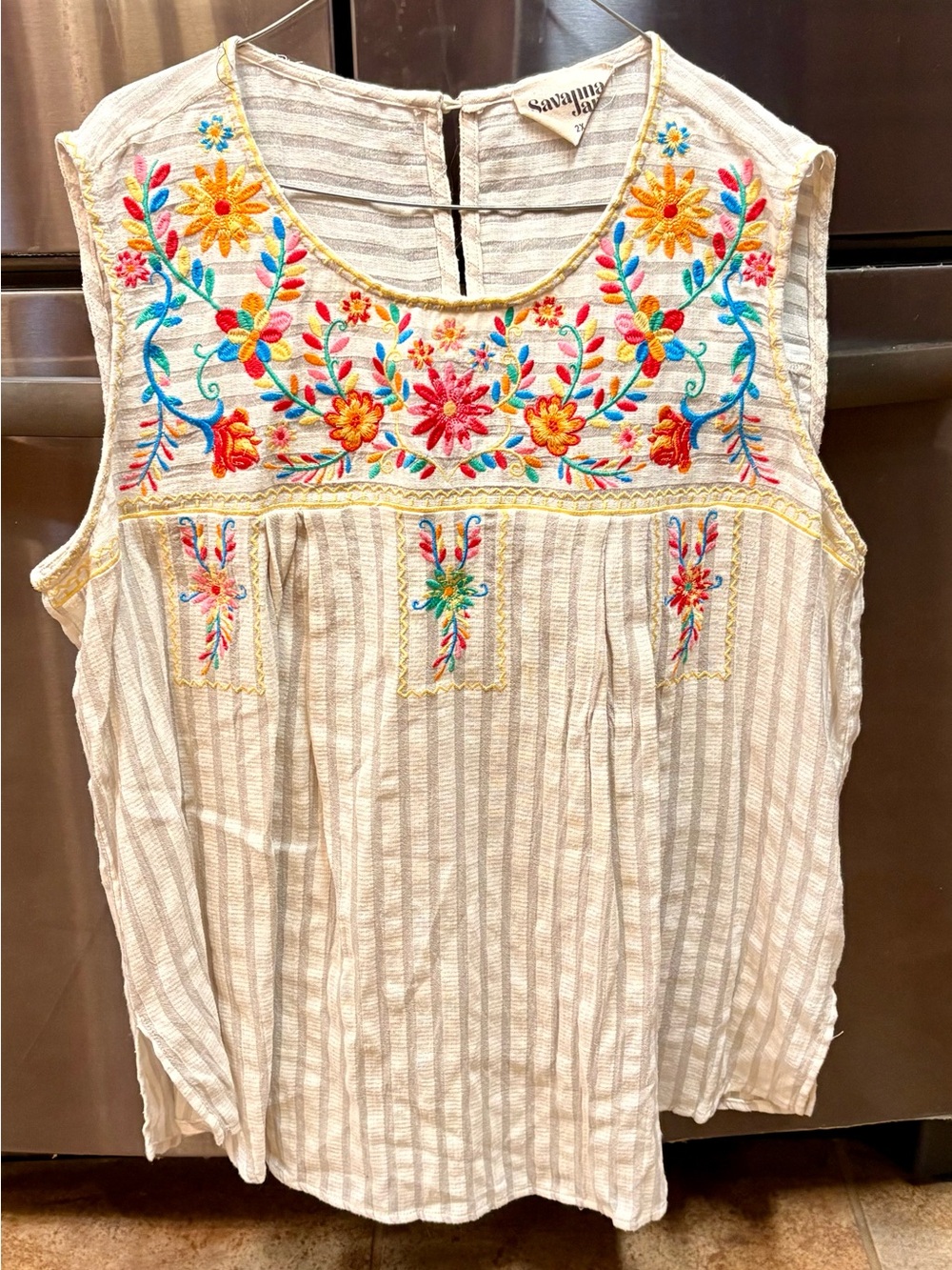 Savanna Jane Cream Embroidered Sleeveless Boho Top-Size 2X